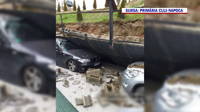 Amenzi de peste 40.000 de lei, după ce un zid s-a prăbușit peste șase mașini, în apropierea unei grădinițe din Cluj