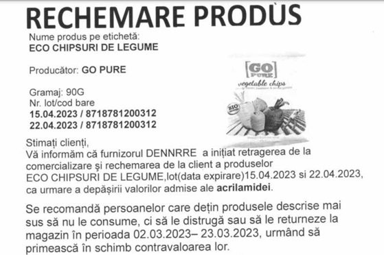 Alertă alimentară: Chipsuri cu acrilamidă, retrase din magazine. Consumatorii trebuie să le returneze cât mai repede
