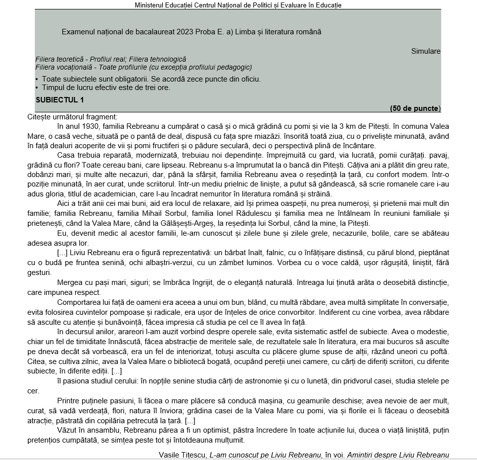 Subiecte uman limba romana Bac 2023