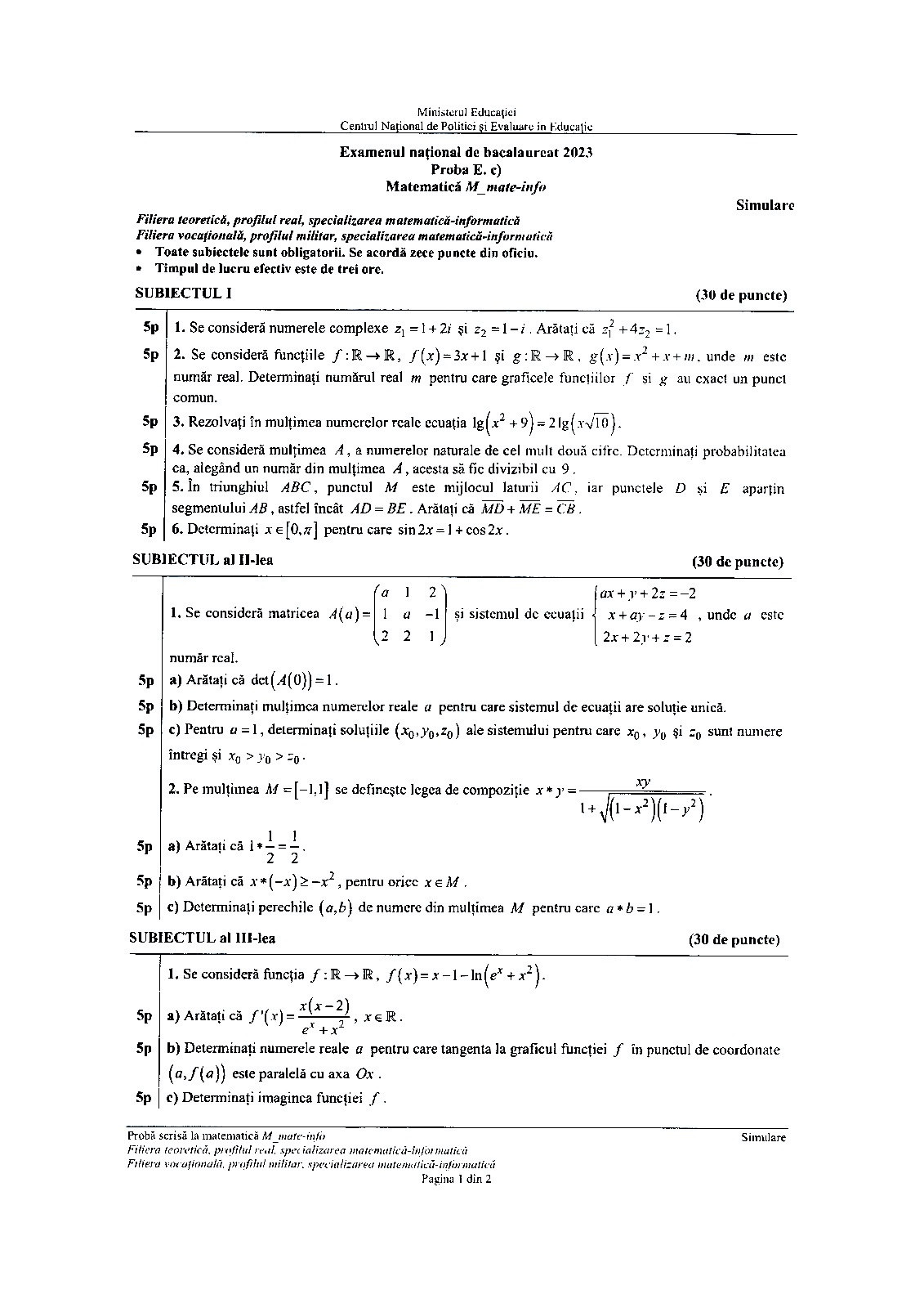 SUbiecte mate simulare bac 2023