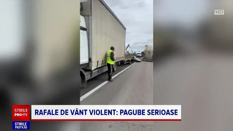 Val de aer polar peste România. ANIMAȚIE GRAFICĂ - O remorcă luată de vânt a ajuns în fața unui TIR