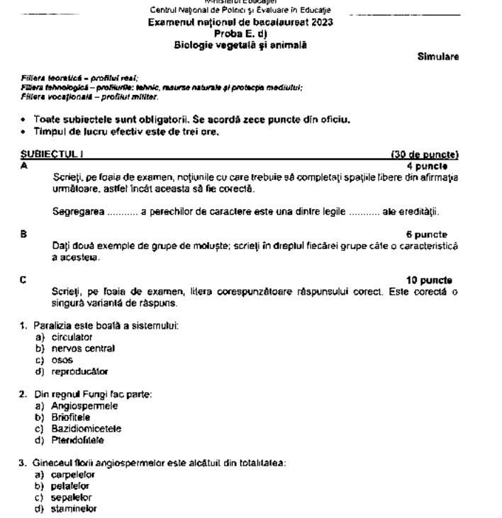 Subiecte Biologie Vegetală și animală Bac 2023