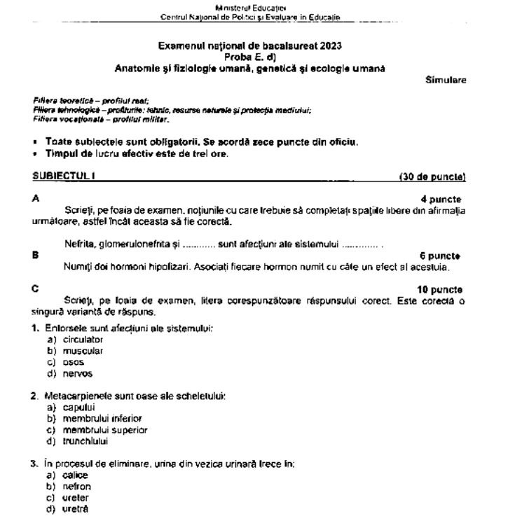 Subiecte Anatomie simulare Bac 2023