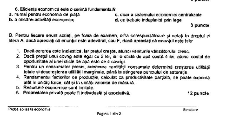 Subiect simulare Bacalaureat Economie