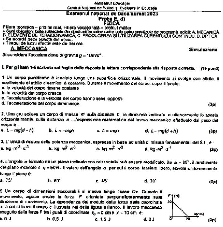 Subiect simulare Bacalaureat 2023 - Fizică