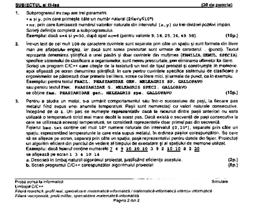 Subiect Informatică Bacalaureat 2023 - Informatică