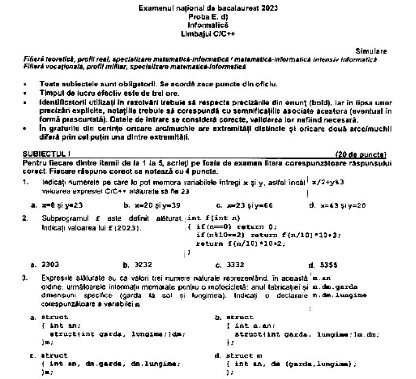 Subiect Informatică Bacalaureat 2023 - Informatică