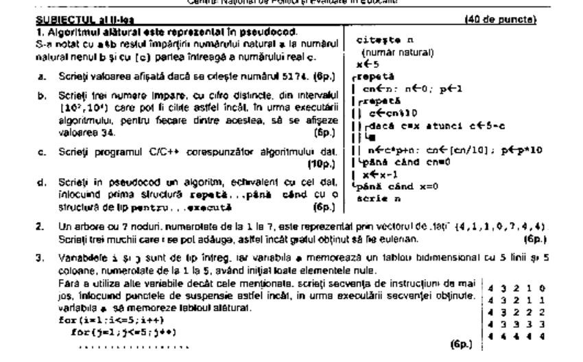 Subiect Informatică Bacalaureat 2023 - Informatică
