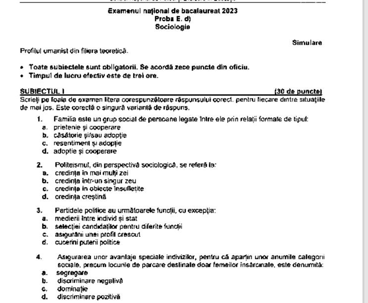 Subiect simulare Bacalaureat 2023 - Sociologie