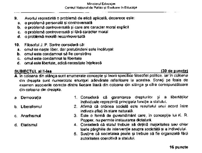 Subiect simulare Bacalaureat 2023 - Filosofie