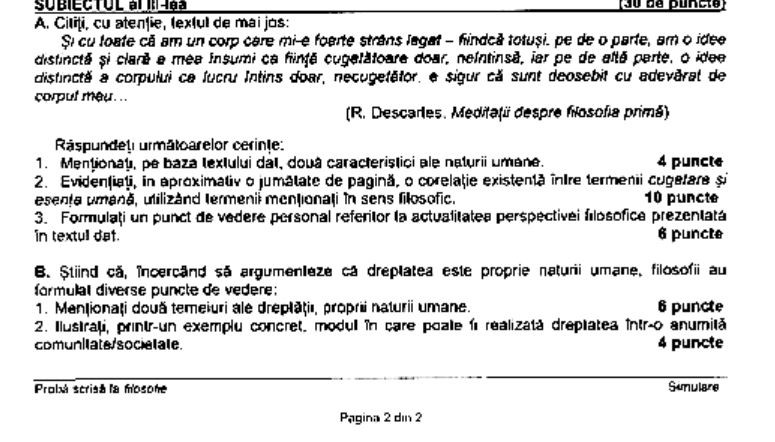 Subiect simulare Bacalaureat 2023 - Filosofie