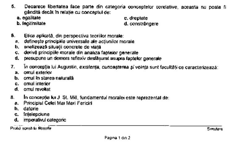 Subiect simulare Bacalaureat 2023 - Filosofie