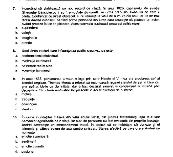 Subiect simulare Bacalaureat 2023 - Psihologie