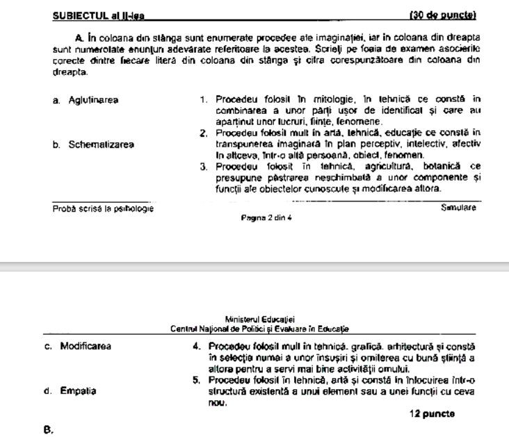 Subiect simulare Bacalaureat 2023 - Psihologie