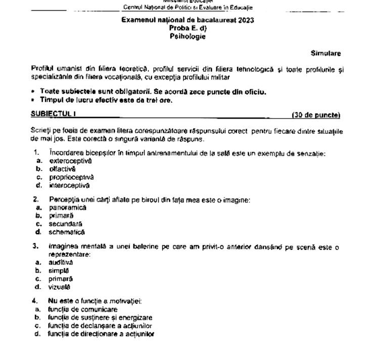 Subiect simulare Bacalaureat 2023 - Psihologie