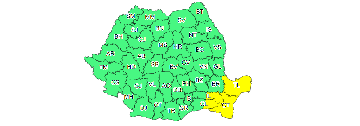 Patru județe din Dobrogea şi sud-estul Munteniei, sub Cod galben de ploi și vânt puternic până la ora 15:00
