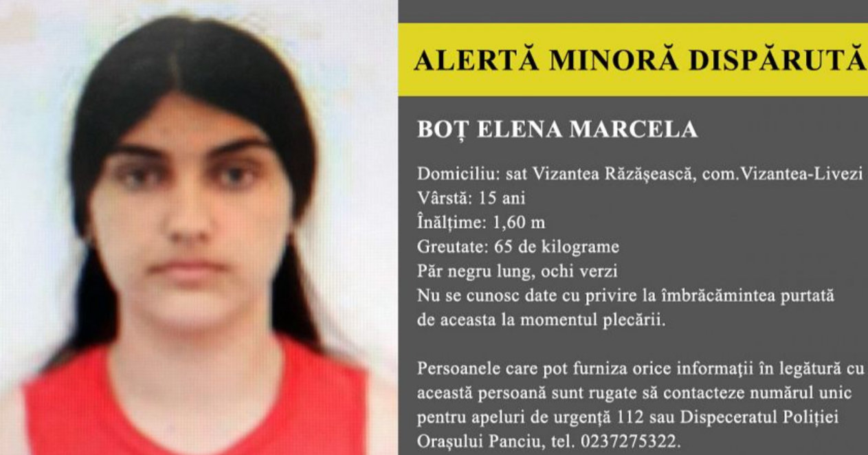 O fată de 15 ani din județul Vrancea este dată dispărută. Poliția face apel la populație