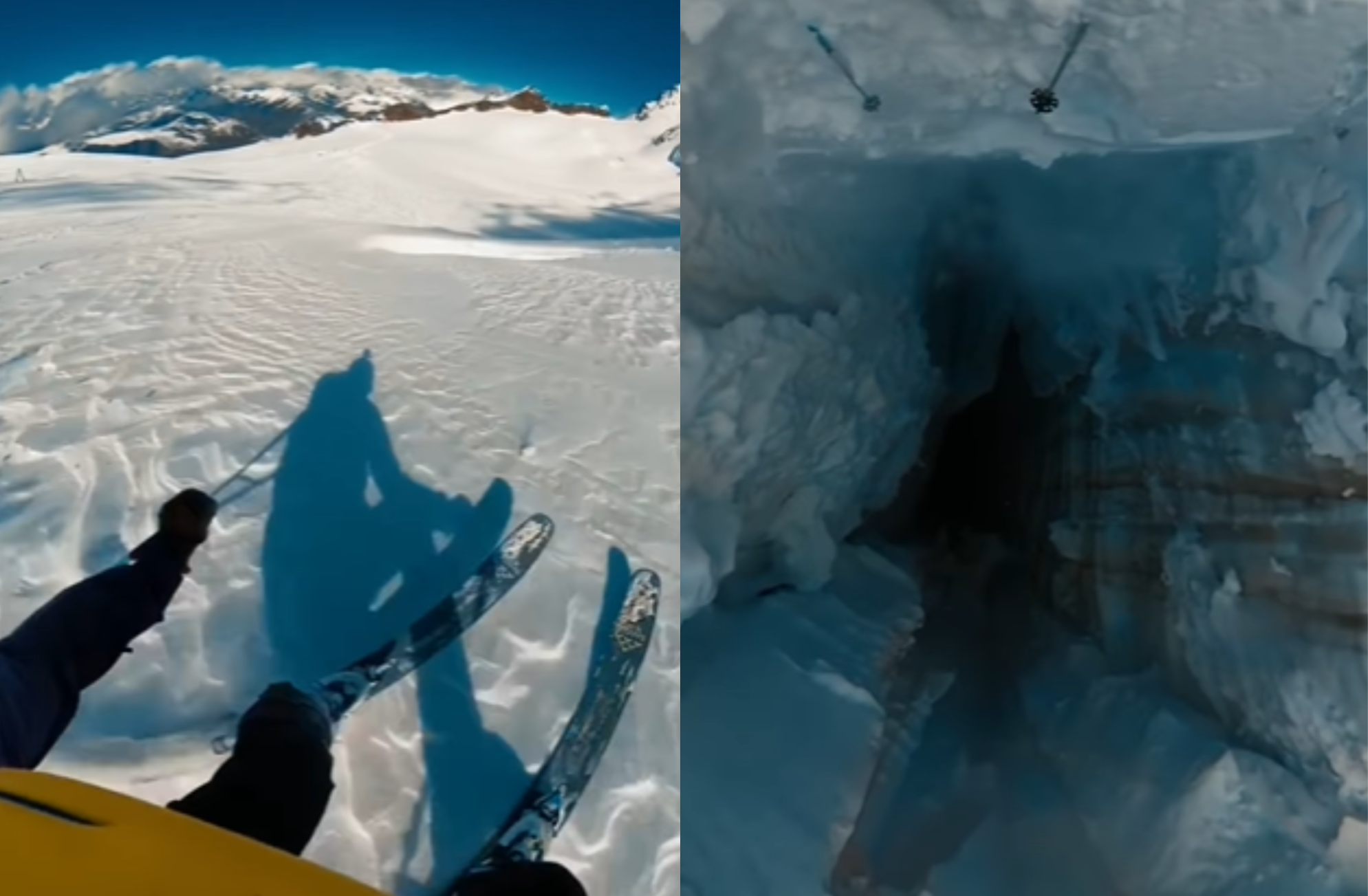 Momentul terifiant, dar inedit în care un schior cade într-un crater format în zăpadă, în Alpi | VIDEO