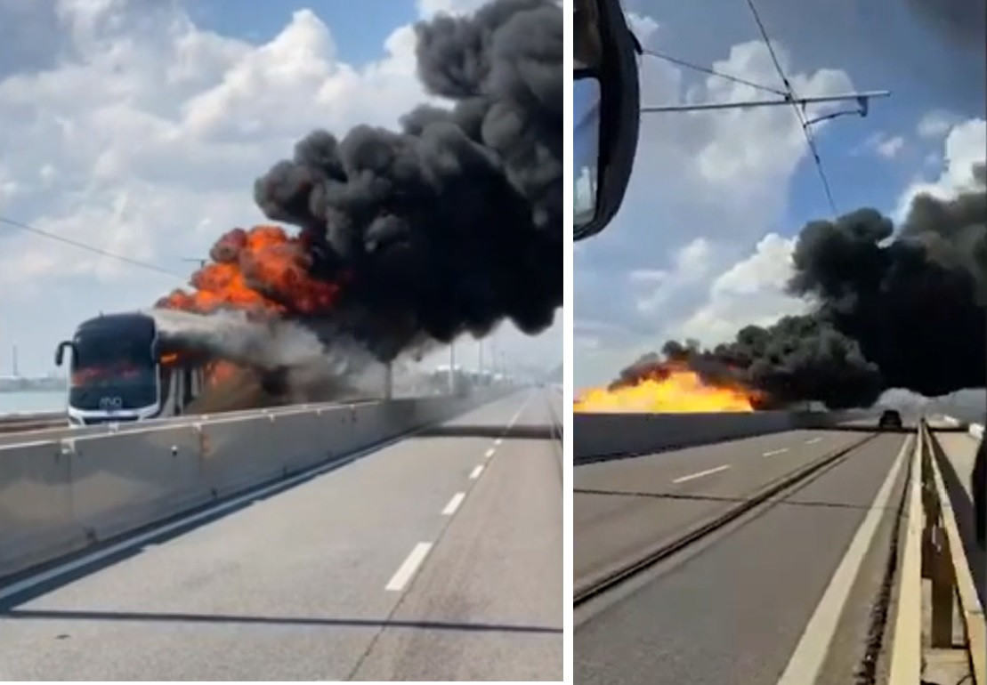 Momentul în care un autobuz cu pasageri explodează după ce ia foc în mers. VIDEO