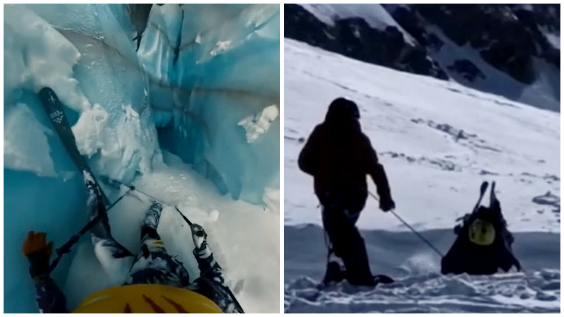 Un schior a căzut într-o crevasă masivă, în Alpi. Momentul terifiant a fost surprins de camera de pe cască