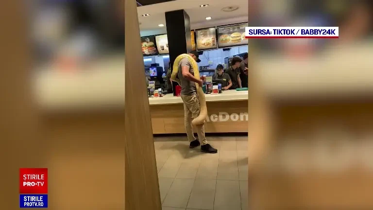 Cu pitonul de gât, la fast-food. Apariție înfiorătoare într-un local din România