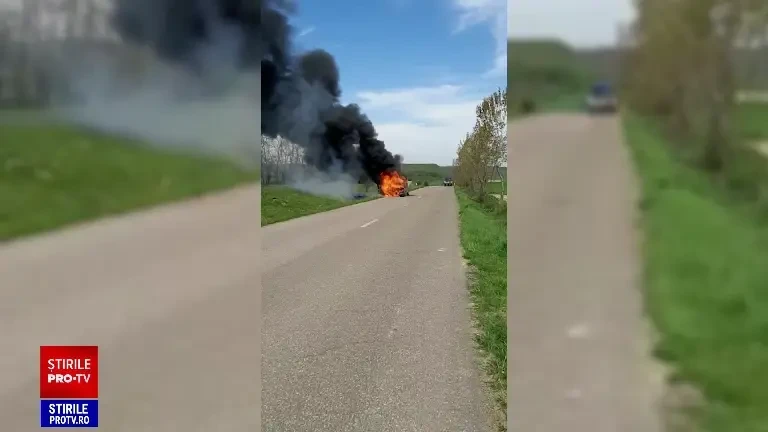 Un microbuz a luat foc în trafic, în Botoșani. În interior nu erau pasageri, ci doar şoferul