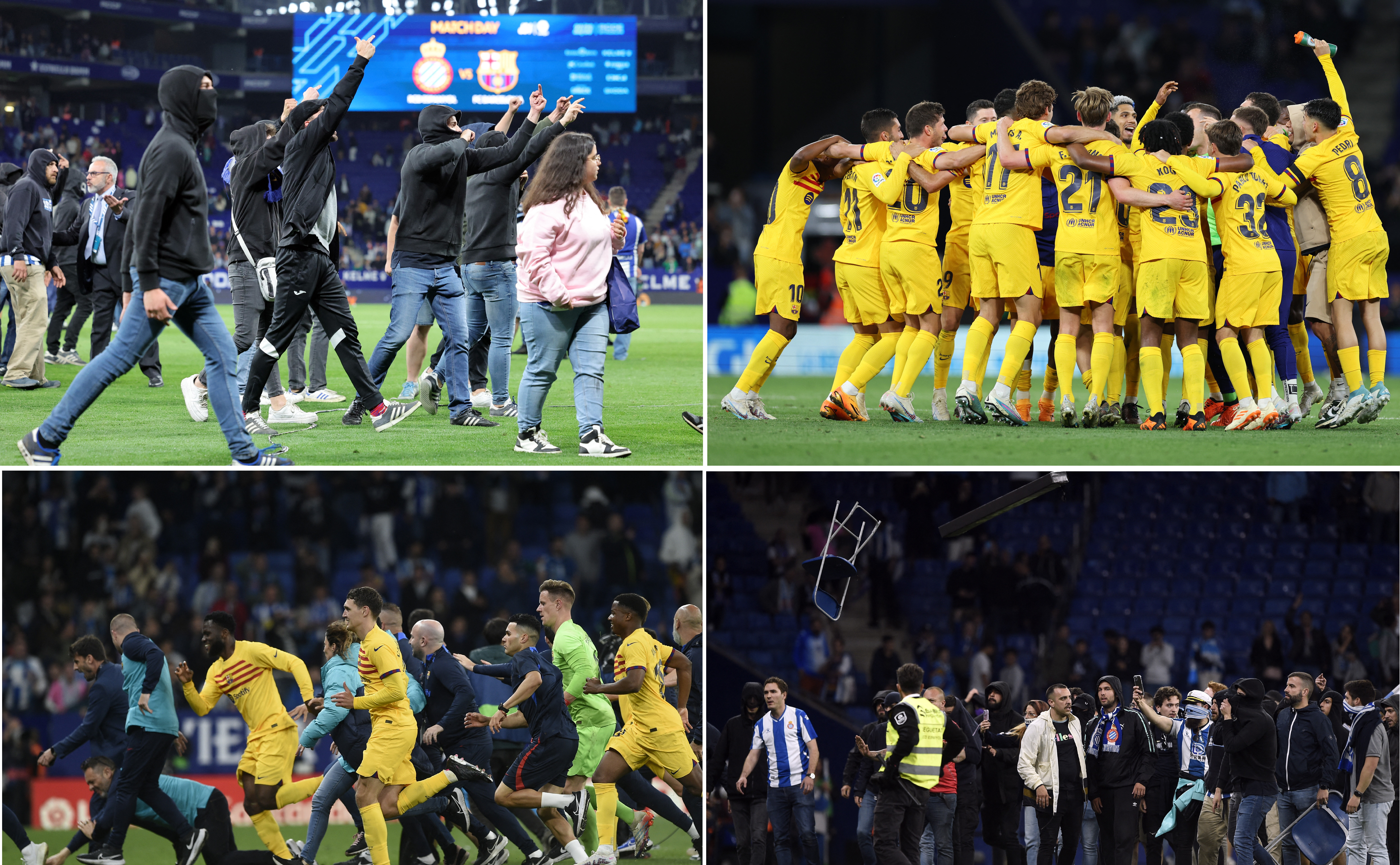 Jucătorii Barcelonei, alergați de pe teren de fanii rivalei, în timp ce sărbătoreau câștigarea titlului. VIDEO