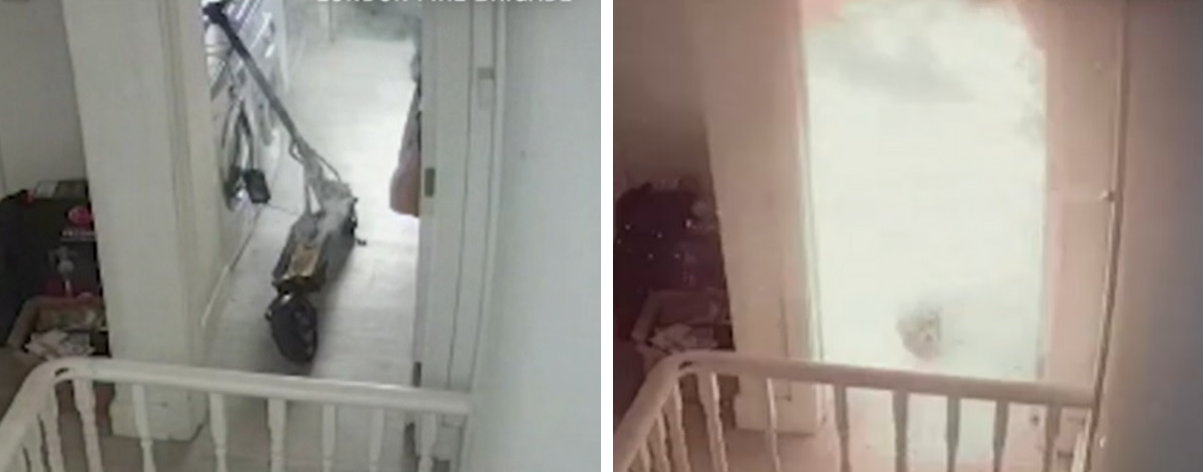 Momentul în care o trotinetă electrică, lăsată în casă la încărcat, izbucneşte în flăcări. VIDEO