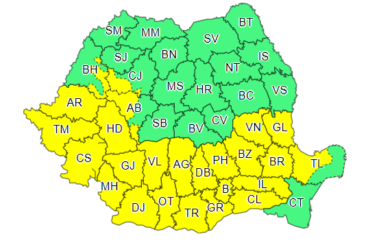 Cod galben de furtună în jumătate din țară. Harta județelor unde vor fi ploi torențiale, vijelii și grindină