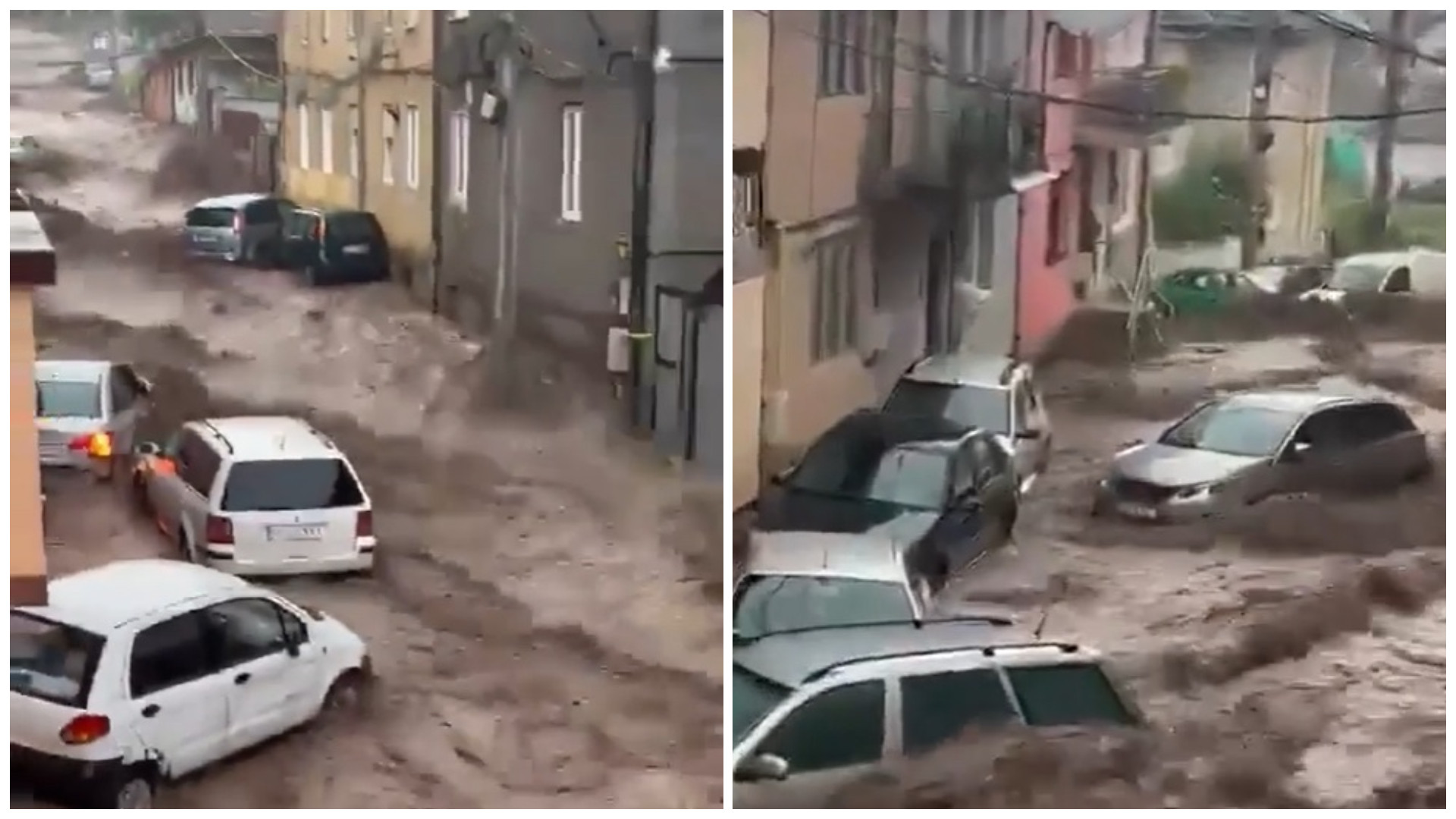 Imagini șocante surprinse la Reșița. Apele au măturat totul în cale, iar mai multe mașini au fost luate pe sus | VIDEO