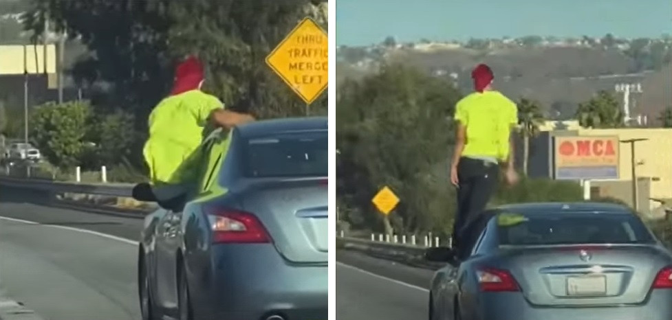 Momentul în care un bărbat se urcă pe geamul mașinii, în timp ce se află pe autostradă. VIDEO VIRAL