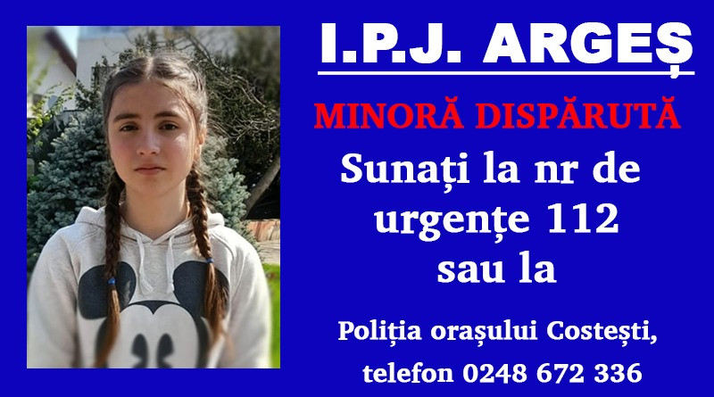 O copilă de 12 ani din Argeș a fost dată dispărută. Poliția face apel la populație