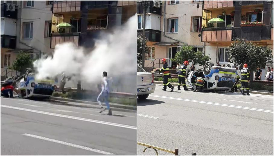 Un poliţist a ajuns la spital după ce autospeciala în care se afla s-a răsturnat, fiind lovită de o şoferiţă