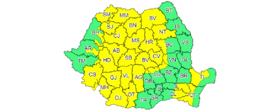 ANM a emis Cod Galben de ploi torențiale, descărcări electrice și vijelii &icirc;n aproape toată țara