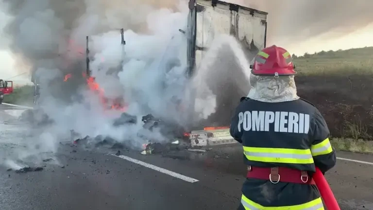 Un TIR a luat foc pe DN 56 A, în Mehedinți. Șoferul, cetățean străin, a murit | FOTO și VIDEO