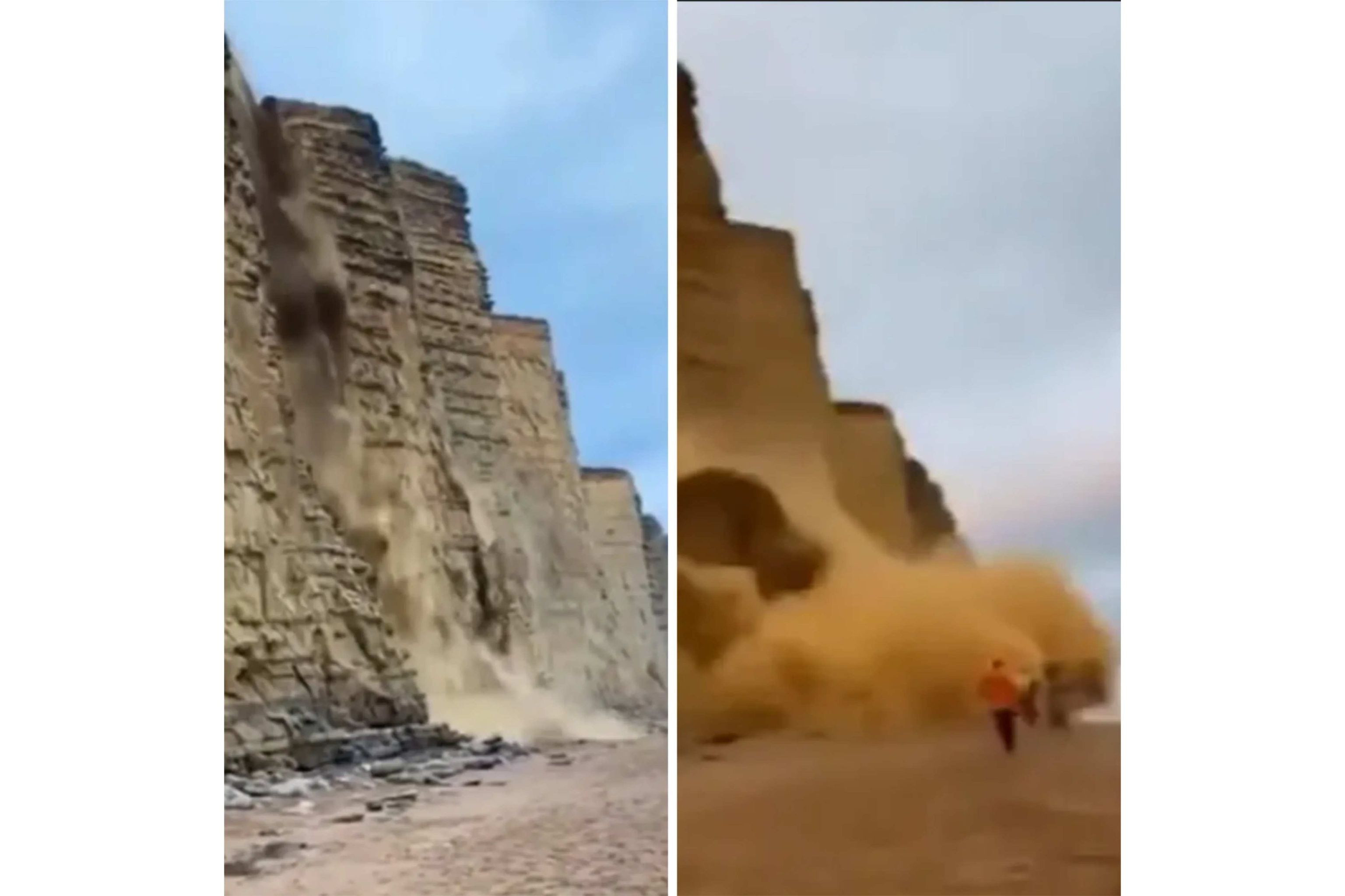 Momentul în care o stâncă se prăbușește la doar câțiva metri de un grup de turiști, care aleargă pentru a-și salva viața