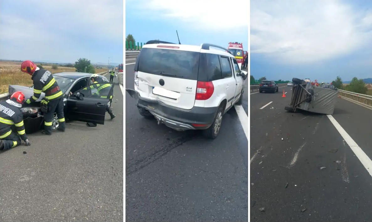 Accident în lanţ pe A1, pe sensul Sebeş - Orăştie. Au fost implicate trei mașini, în care se aflau cinci persoane. FOTO