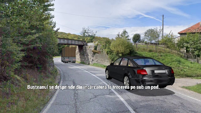 ANIMAȚIE GRAFICĂ. Cum a străpuns bușteanul căzut din TIR parbrizul unui autoturism. Pasagerii au scăpat ca prin minune