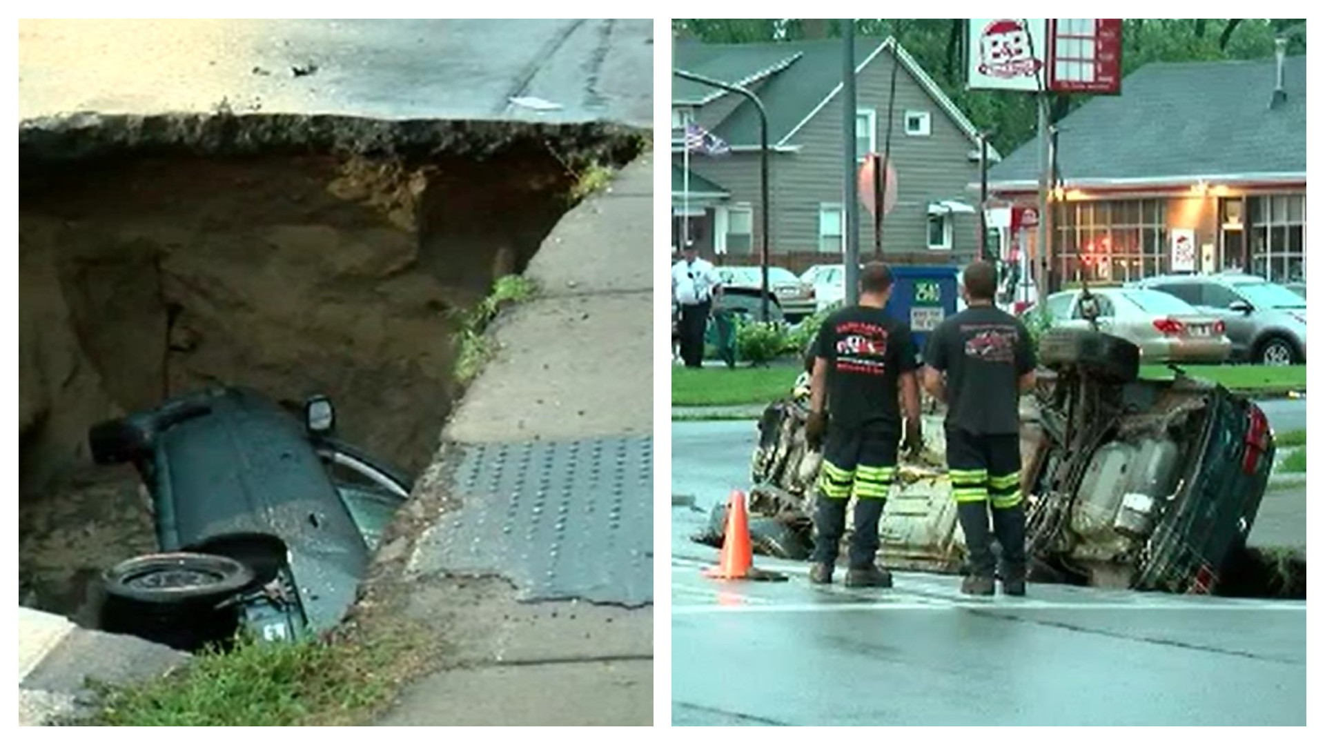 Caz șocant în SUA. O groapă uriașă, apărută din senin pe șosea, a "înghițit" o mașină în care se afla o femeia și un bărbat