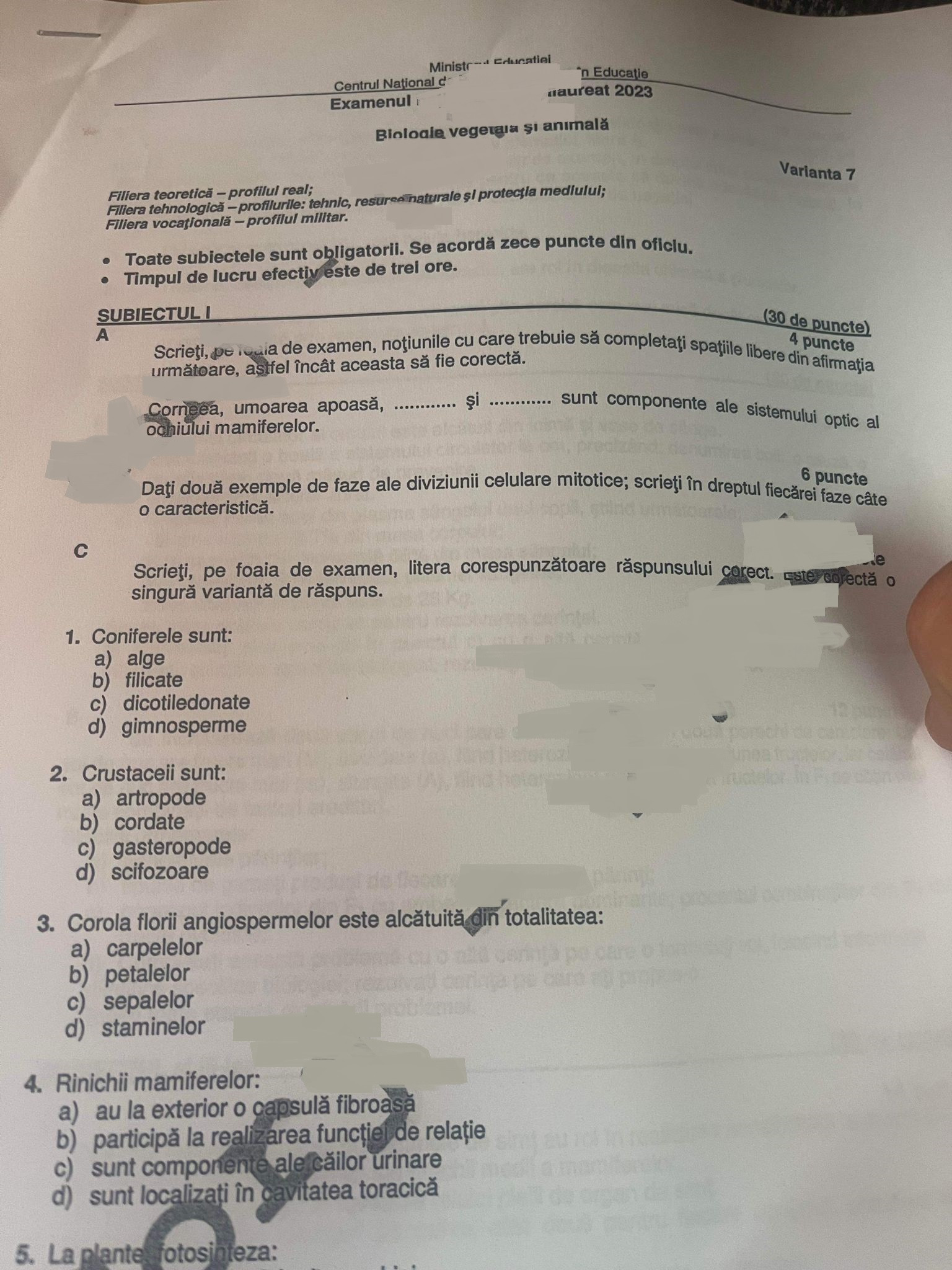 Biologie vegetală și animală Bac 2022 - toamna