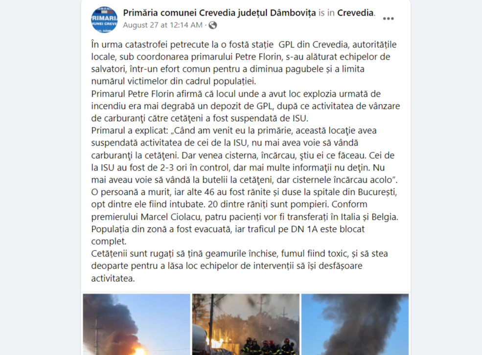 Primarul din Crevedia a susținut că nu a știut de activitatea ilegală a stației GPL, dar un mesaj pe Facebook îl contrazice