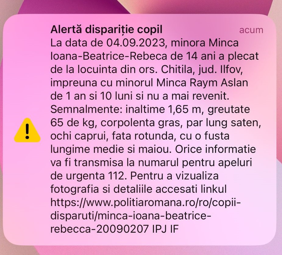 O fată de 14 ani şi un copil de un an şi 10 luni au dispărut din Chitila. A fost emis mesaj RO-ALERT