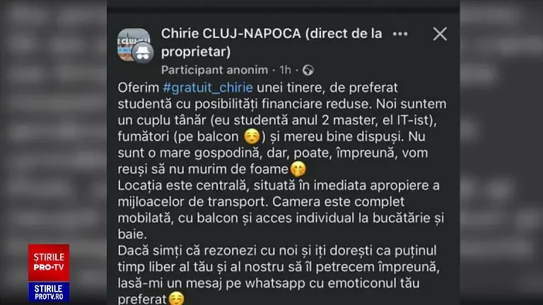 O studentă a dat curs unui anunț online care oferea cazare gratuită în Cluj, în apartamentul unui cuplu. Ce ascundea mesajul