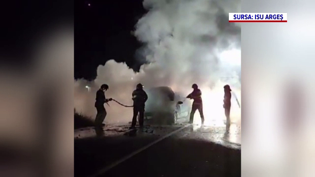 Accident rutier în Argeș. O mașină a luat foc și două persoane au fost rănite