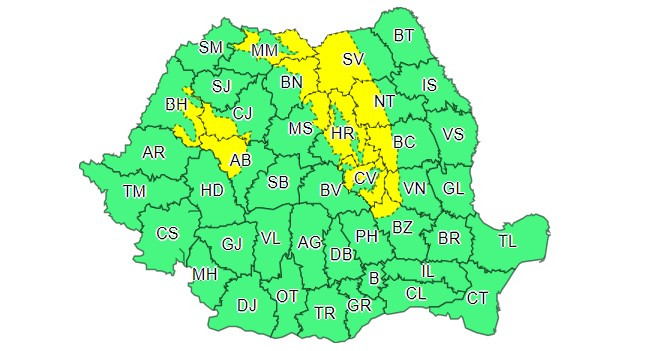 cod galben de v&acirc;nt puternic hartă