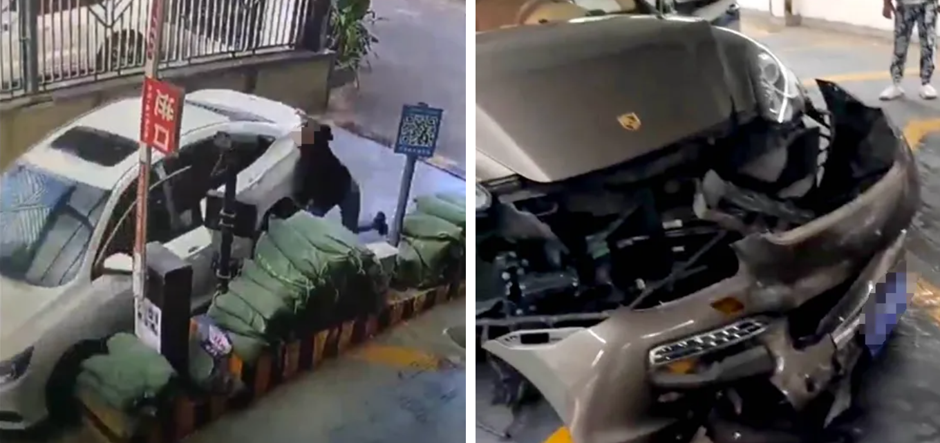 Momentul în care o șoferiță coboară din mașina lăsată în pantă, fără să tragă frâna de mână. A lovit apoi un SUV Porsche