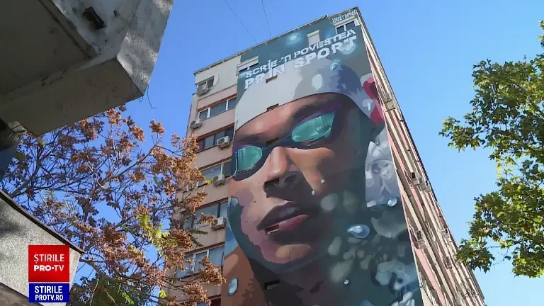 Arta stradală cucerește România. Cea mai recentă pictură murală îl înfățișează pe David Popovici