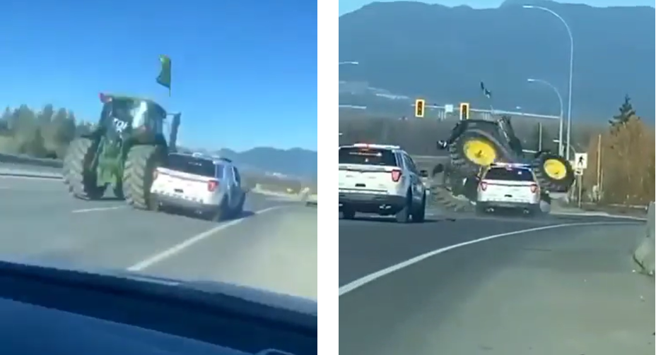 Momentul în care un tractor urmărit de poliție se răstoarnă pe o autostradă din Canada. Șoferul a fost reținut