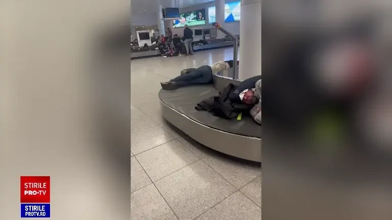 Românii care au petrecut noaptea pe aeroportul din Munchen au dormit pe banda pentru bagaje
