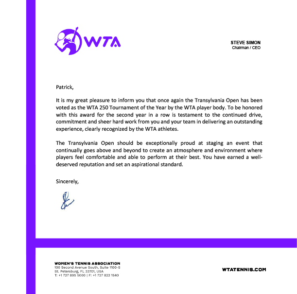 Transylvania Open - cel mai bun turneu de tenis WTA 250 din lume, pentru a două oară consecutiv!